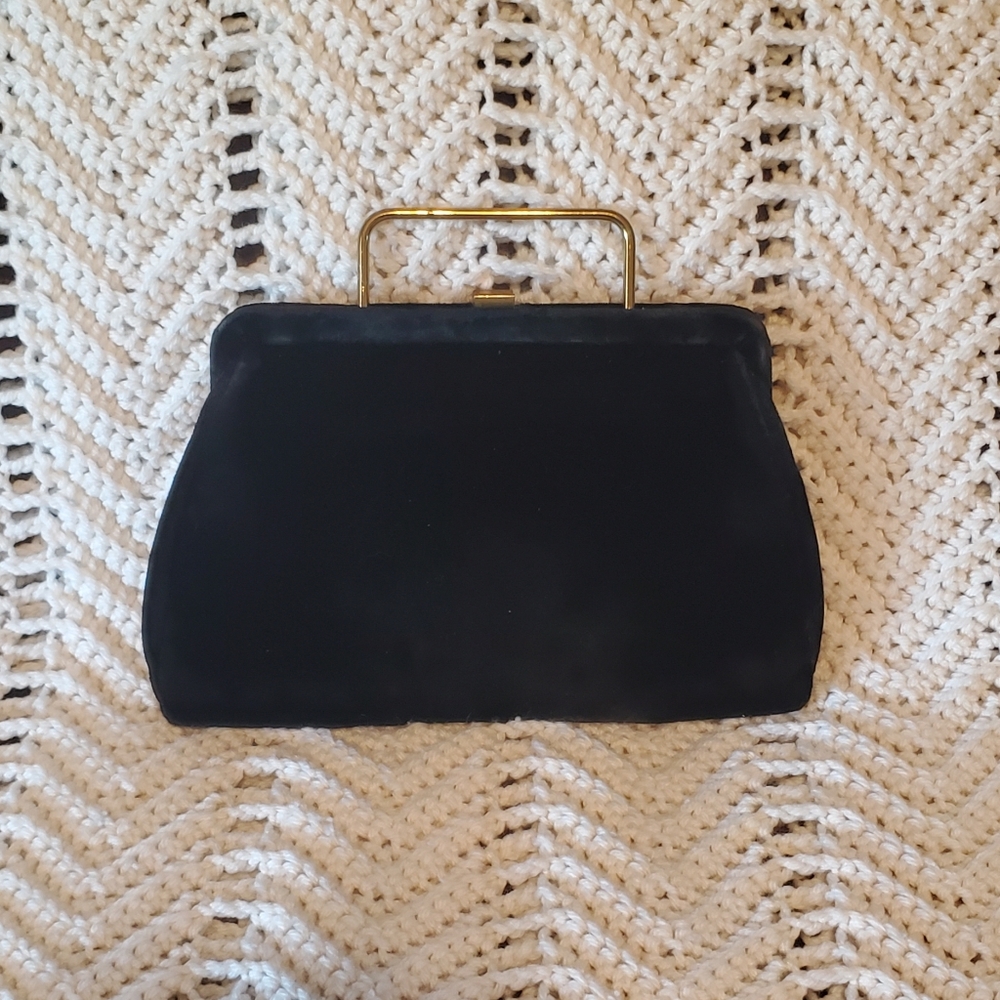 Vintage 1950's Black Velvet Brass Top-Handle Tina Evening Bag Clutch Made In USA